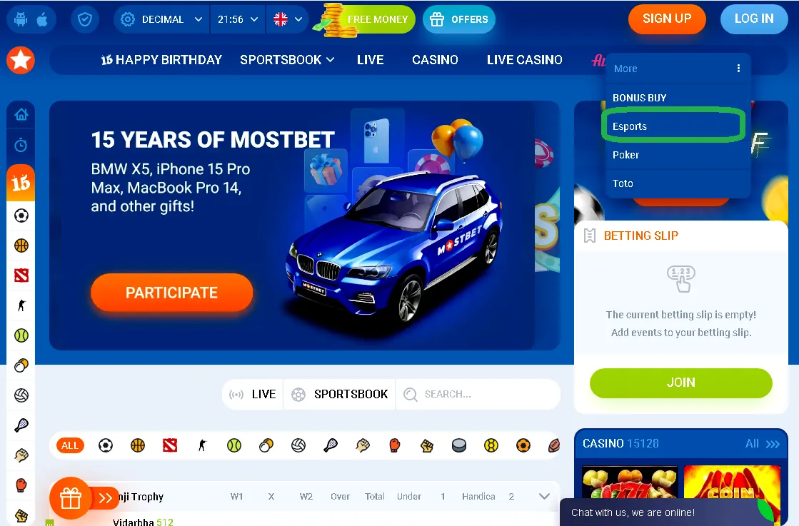 Mostbet e-sport részleg felülete